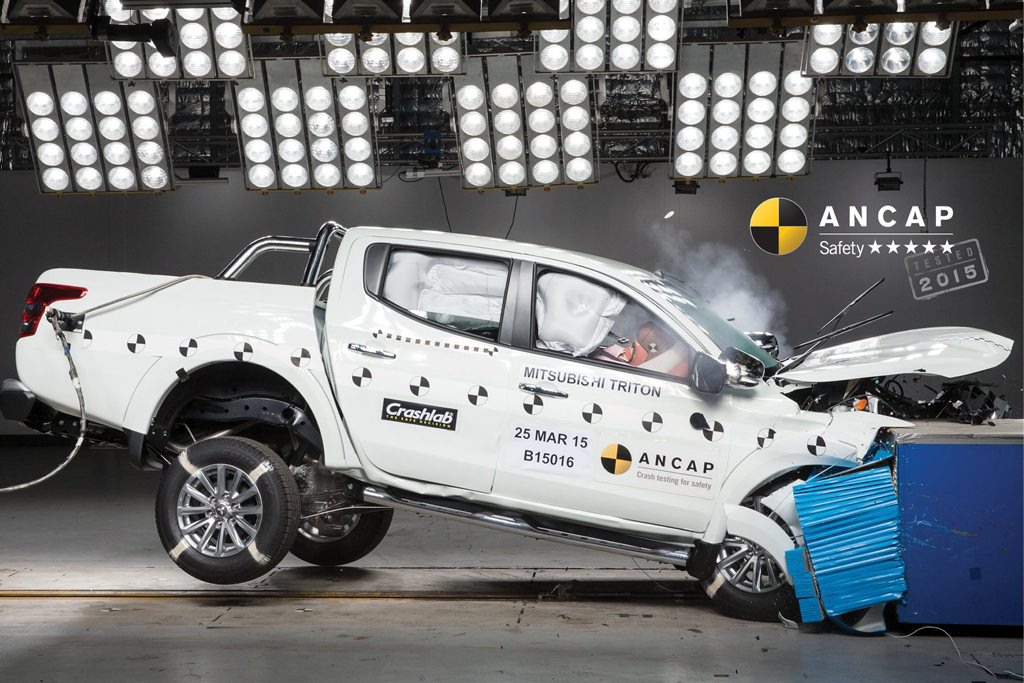 The 2016 Mitsubishi Triton during crash testing. The 2016 Mitsubishi Triton during crash testing.